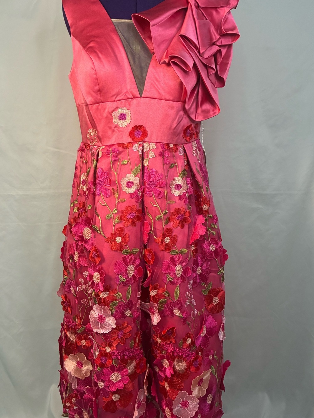 Women's Fuchsia Floral Embroidered V-Neck Party Dress Custom Measurements